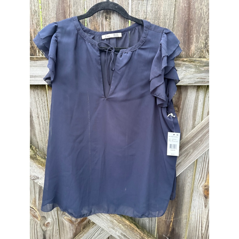 Dex Black Tape Midnight Navy Chiffon Ruffle Sleeve‎ V-Neck Tie Blouse 2X New